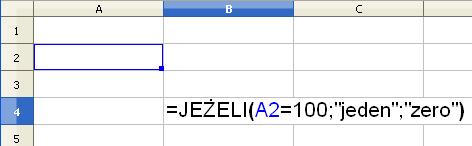 Różne sposoby zapisu funkcji jeżeli() =jeżeli(a2=100; jeden ; zero ) Przy powyższym zapisie sprawdzana