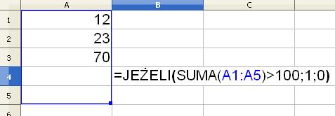 Różne sposoby zapisu funkcji jeżeli() =jeżeli(suma(a1:a5)>100;1;0) W powyższym
