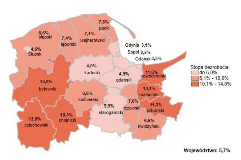 Stopa bezrobocia w powiatach województwa