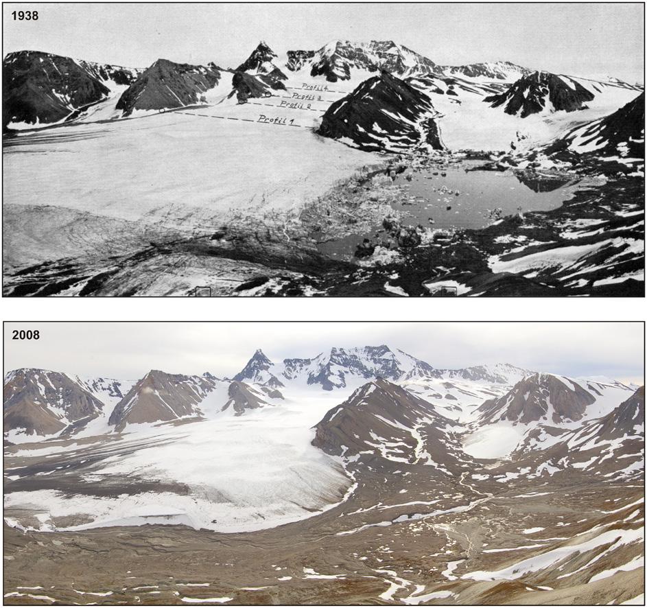 366 Maria Olech i współaut. Ryc. 3. Recesja lodowca Gåsbreen (Spitsbergen, Arktyka) w latach 1938-2008 (wg Ziaja i współaut. 2011). ostatnich dziesięcioleciach (Menne i Kennedy 2010).