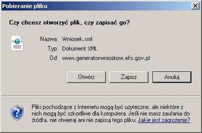 6. Zapisywanie wniosku na lokalnym nośniku W kaŝdym momencie pracy z GWA moŝliwe jest zapisanie wniosku jako pliku XML na lokalnym nośniku (dysk twardy komputera, pamięć przenośna, itp.