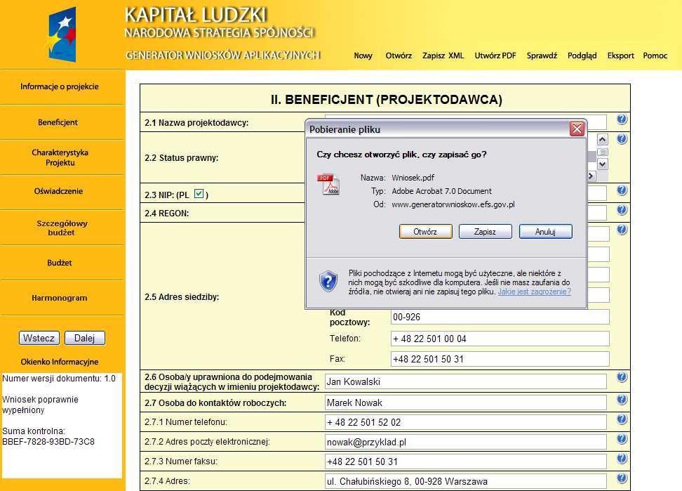 Pliki PDF generowane przez aplikację zabezpieczone są ponadto przed edycją pliku PDF.