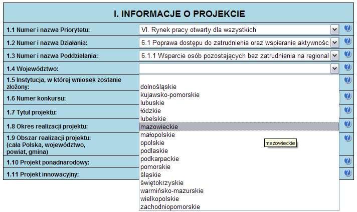 komponentu regionalnego PO KL. NaleŜy wybrać z listy rozwijanej odpowiednie województwo.