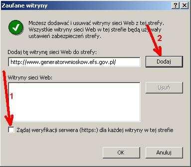 Zaufane witryny naciskając przycisk OK 9 Zamykamy okno Opcje internetowe naciskając przycisk OK JeŜeli w
