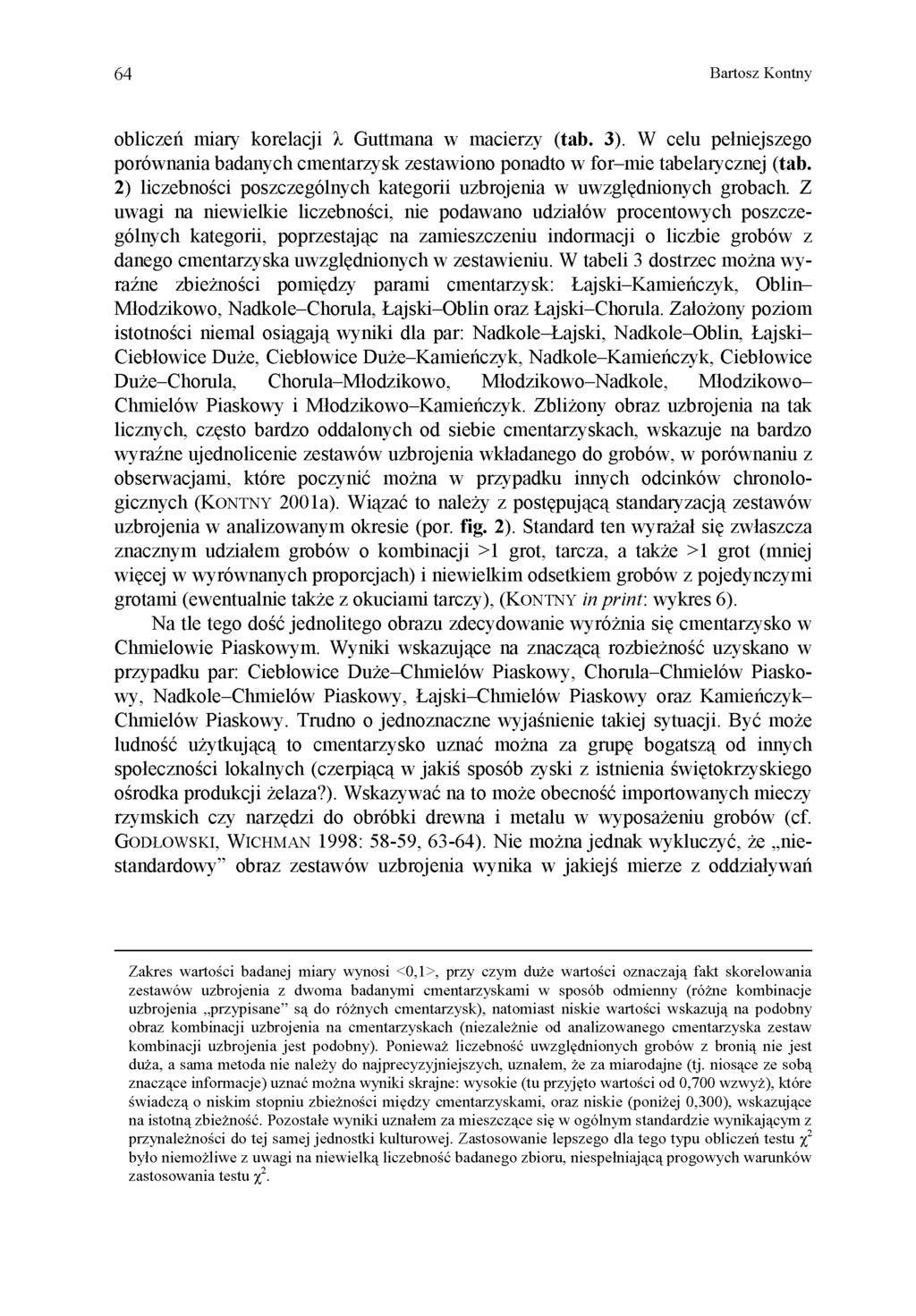 64 Bartosz Kontny obliczeń miary korelacji X Guttmana w macierzy (tab. 3). W celu pełniejszego porównania badanych cmentarzysk zestawiono ponadto w for-mie tabelarycznej (tab.