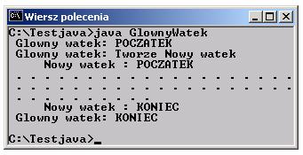 Kończenie pracy wątku Wątek kończy pracę w sposób naturalny gdy zakończy się jego metoda run(). Wykonanie metody stop() powoduje zatrzymanie innego wątku.