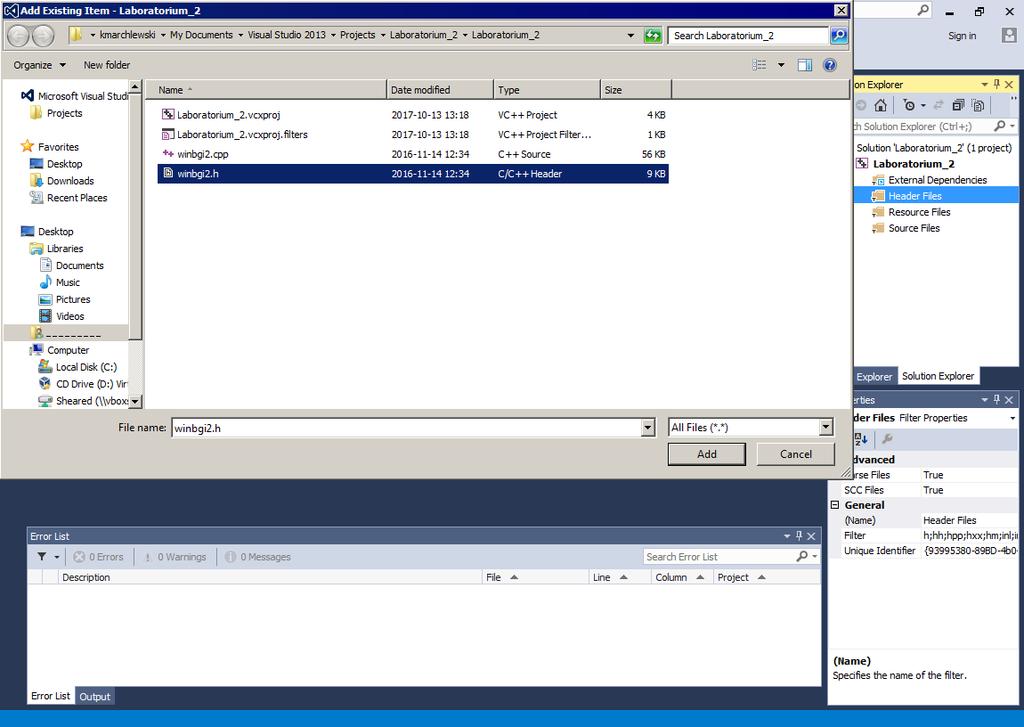Kliknij na Header Files, wybierz Add a następnie Existing Item. Figure 4: Figure 5: 7.
