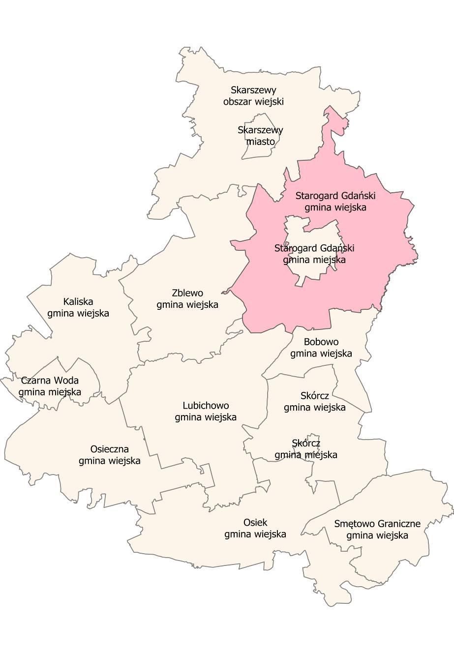Mapa nr 2: Położenie Gminy Starogard Gdański w powiecie starogardzkim Gmina Starogard Gdański administracyjnie podzielona jest na 27 sołectw: Barchnowy, Brzeźno Wielkie, Ciecholewy, Dąbrówka, Janin,
