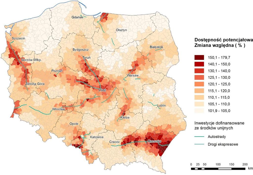 Względna zmiana krajowej dostępności potencjałowej gmin w Polsce w