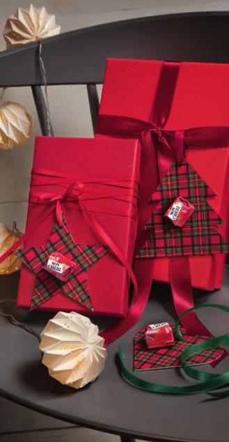 B ARDZO ÂWIÑTECZNA KRATKA Szkocka krata nigdy nie wychodzi z mody. Z papieru w szkocką kratę wytnij świąteczne wzory (gwiazdki, choinki, itp)*.