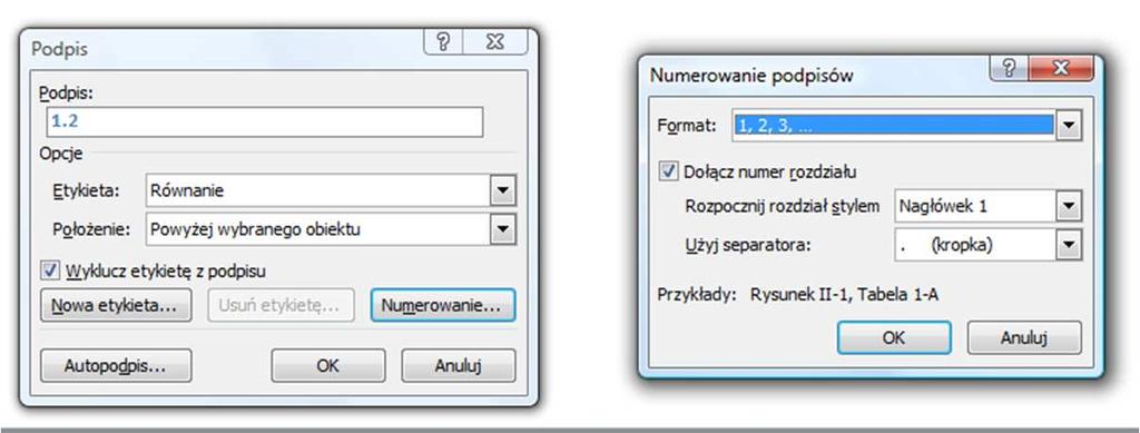 Równania matematyczne Uwaga: numery równań można wstawić w taki sposób (podobnie wstawiamy nry tabel oraz rysunków): Odwołania Wstaw podpis Etykieta.