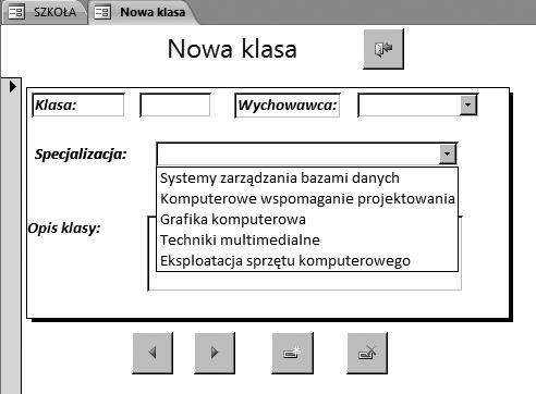 komputerowego. Otwórz formularz Nowy uczeń w widoku projektu. Włącz Kreator formantów i na karcie Projektowanie w grupie Formanty kliknij ikonę Pole kombi.