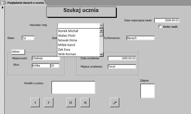 Rozdział 8 t Bazy danych program Access Nazwisko ucznia, umieść wszystkie pozostałe pola tabeli UCZEŃ w kwerendzie.