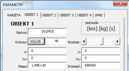 LABORATORIUM GRAWITACYJNE 22 Rysunek 19 Parametry startowe Słońca Ponieważ Słońce znajduje się w centrum i nie porusza się, dlatego współrzędne X i Y oraz Vx i Vy są wyzerowane.