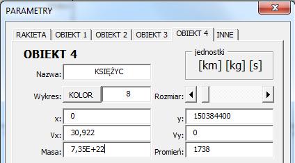 LABORATORIUM GRAWITACYJNE 24 Rysunek 23 Parametry startowe Księżyca Na zakładce INNE można ustawić dodatkowo początkową wielkość wykresu, wybrać obiekt centralny wykresu oraz skok czasu.