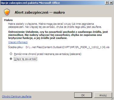 Jak uruchmić makra? Excel 2007: kliknij na pasek kmunikatów z infrmacją ptencjalnie niebezpiecznym makrze i zezwól na jeg wyświetlanie.