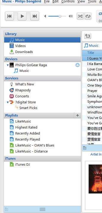 Dodawanie do programu Philips Songbird Aby przesłać utwory z usługi Rhapsody do programu Philips Songbird, dodaj utwory do listy odtwarzania w programie Philips Songbird (patrz Tworzenie list