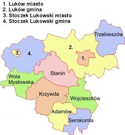 Łuków położony jest na styku Mazowsza, Podlasia i Lubelszczyzny i jest siedzibą władz Powiatu Łukowskiego.