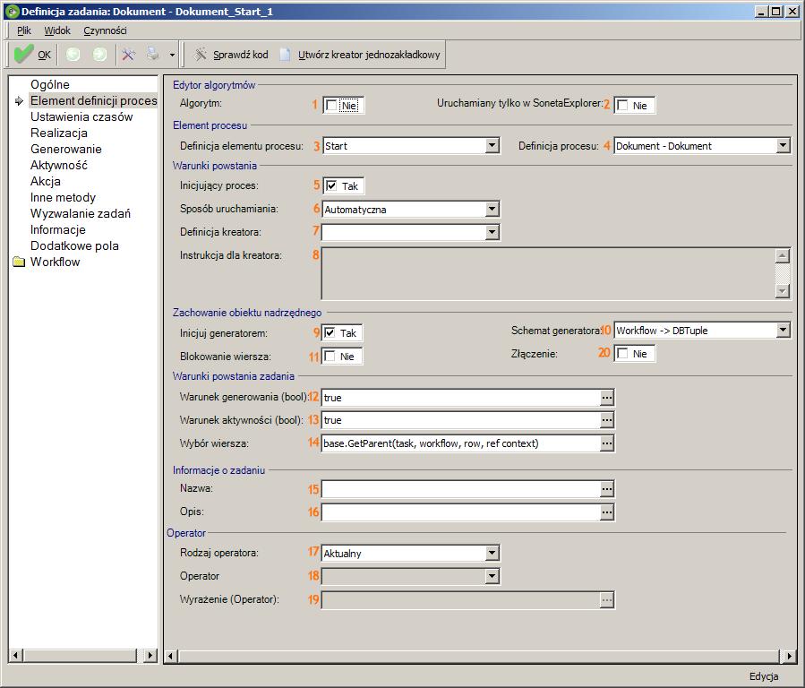 Rysunek 20 Formularz elementu grafu workflow (Task Definition) Przycisk na górnej belce okna Utwórz kreator jednozakładkowy umożliwia stworzenie kreatora z jedną zakładką.