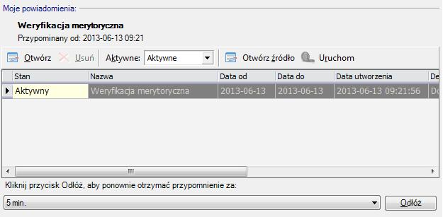 Rysunek 4 Okno Moje powiadomienia Workflow Do dyspozycji operatora jest także lista procesów których jest właścicielem oznaczona na żółto na ilustracji Błąd! Nie można odnaleźć źródła odwołania.
