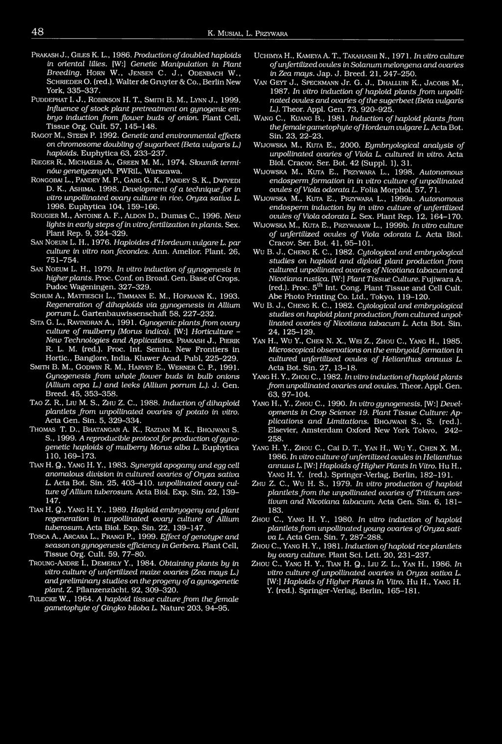 Influence of stock plant pretreatment on gynogenic embryo induction from flower buds of onion. Plant Cell, Tissue Org. Cult. 57, 145-148. R a g o t M., S t e e n P. 1992.