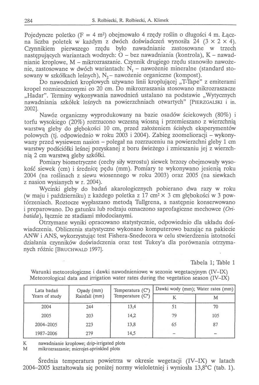 284 S. Rolbiecki, R. Rolbiecki, A. limek Pojedyncze poletko (F = 4 m 2 ) obejmowało 4 rzędy roślin o długości 4 m. Łączna liczba poletek w każdym z dwóch doświadczeń wynosiła 24 (3 X 2 x 4).
