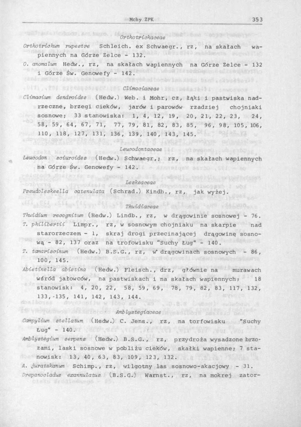 Orthotriahaaeae Orthotriehum rupestre Schleich. ex Schwaegr., rz, na skałach wapiennych na Górze Zelce - 132. O. anomalum Hedw., r z, na skałach wapiennych na Górze Zelce - 132 i Górze Św.