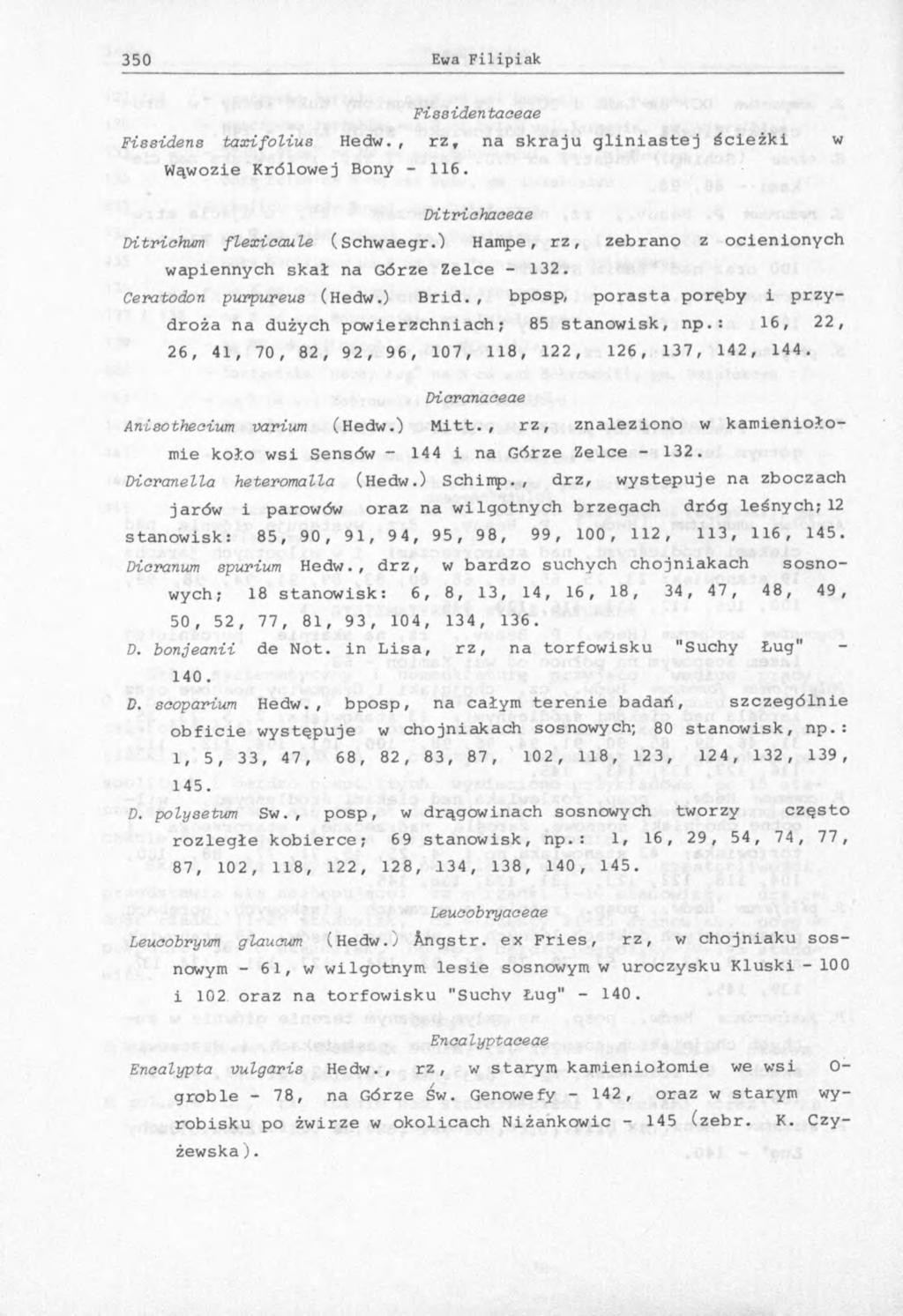 Fissidentaoeae Fi88idens taxifolius Hedw., rz, na skraju gliniastej ścieżki w Wąwozie Królowej Bony - 116. Ditriehaceae Ditrichum flexiaaule (Schwaegr.