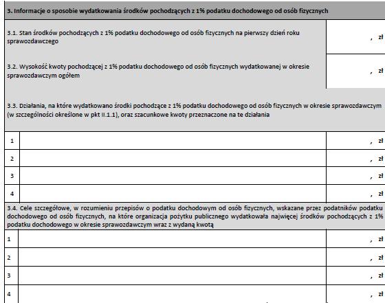 Za 2014 rok OPP będą również musiały przedstawić informacje o sposobie wydatkowania środków pochodzących z 1% podatku dochodowego od osób fizycznych, podając: stan środków pochodzących z 1% podatku