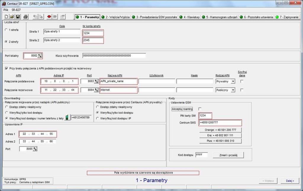 5.2. Zakładka 1 - Parametry W trybie pracy GPRS zakładka wygląda następująco: Na czerwono zostały zaznaczone pola obowiązkowe, które należy wypełnić, aby była
