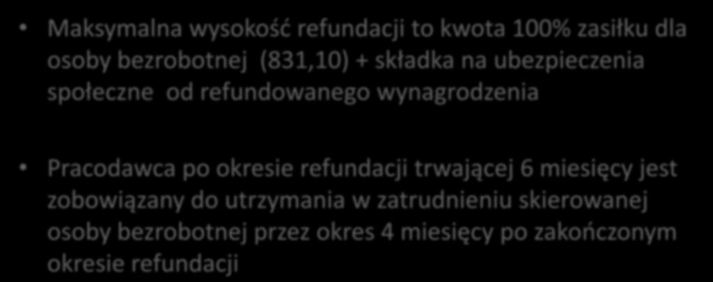 PRACE INTERWENCYJNE Maksymalna wysokość refundacji to kwota 100% zasiłku dla osoby bezrobotnej (831,10) + składka na ubezpieczenia społeczne od refundowanego wynagrodzenia