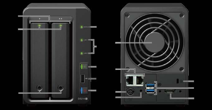 Elementy serwera Synology DiskStation Lp. Element Lokalizacja Opis 1) Kieszeń dysku 2) Wskaźnik dysków Tutaj zainstaluj dyski (dyski twarde lub SSD). Pokazuje stan zainstalowanych dysków.