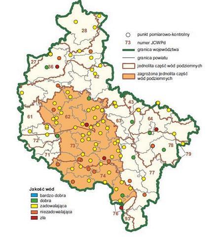 Ryc. 6. Wyniki monitoringu jakości wód podziemnych w 2012 roku (według badań PIG). Źródło: Raport o stanie środowiska w Wielkopolsce w roku 2012. 6.1.5.