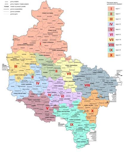 Ryc. 8. Schematyczny podział województwa na regiony gospodarki odpadami.