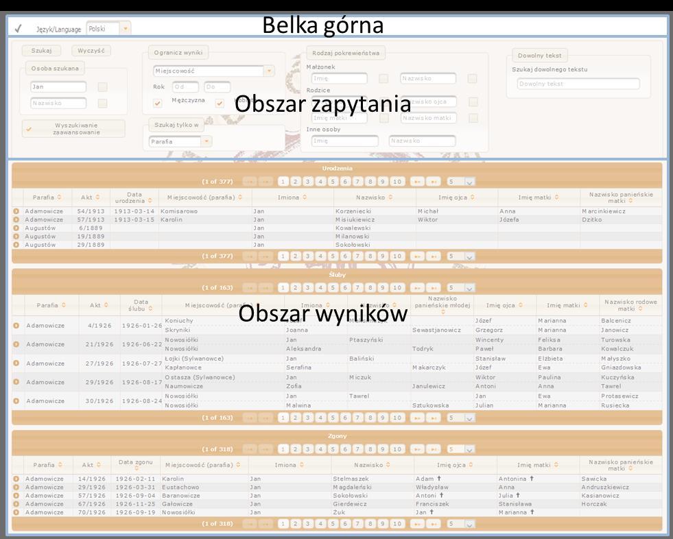 Wygląd Wyszukiwarki Ekran wyszukiwarki podzielony jest na trzy części: Belka górna W obszarze górnej belki, która jest stale widoczna użytkownik może przełączyć się z języka polskiego na angielski i