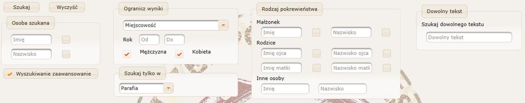 Wyszukiwanie można ograniczyć do zasobów konkretnej parafii, do czego służy grupa Szukaj tylko w. Kolejna grupa filtrów dotyczy pokrewieństwa.