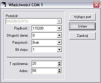 MUPASZ COMPACT G01/G01-T instrukcja obsługi 15 Rys.3.5. Okno ustawień parametrów transmisji dla danego portu komunikacyjnego.