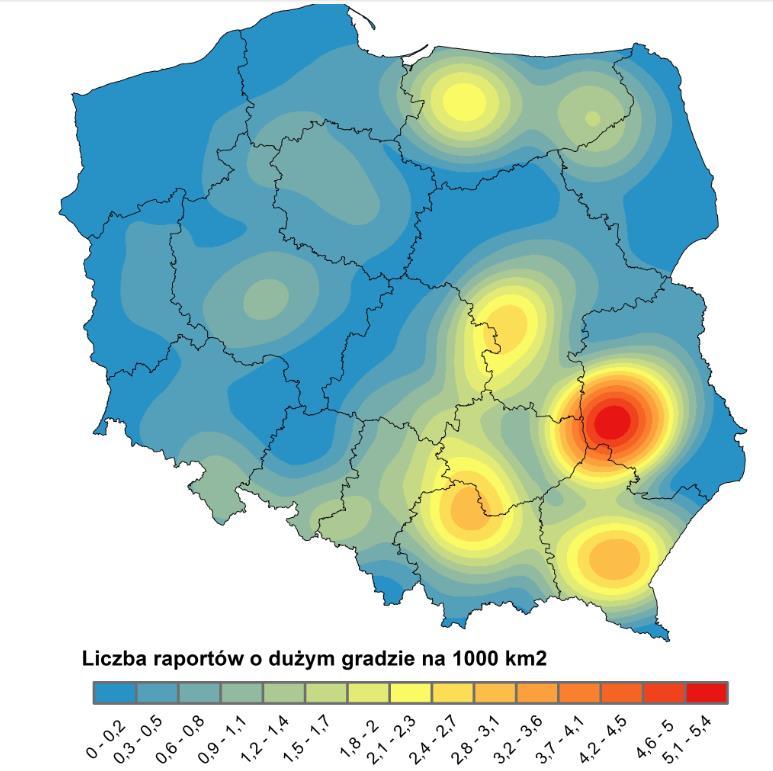 Ostatnia mapa przedstawia zagęszczenie raportów o dużym gradzie. Rysunek 11: Mapa zagęszczenia raportów o gradzie.