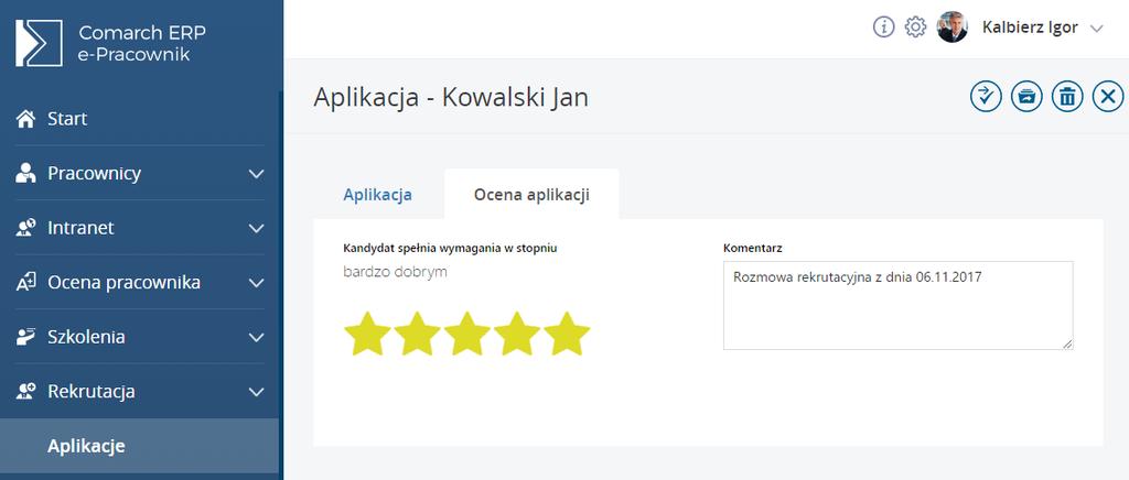 W widoku kafelków widoczne są następujące informacje: nazwisko i imię kandydata, stanowisko, data aplikacji, wizualizacja oceny kandydata. Rys 7.