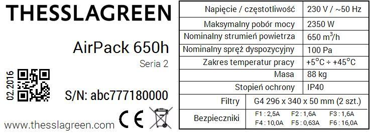 Tabliczka znamionowa AirPack 650h