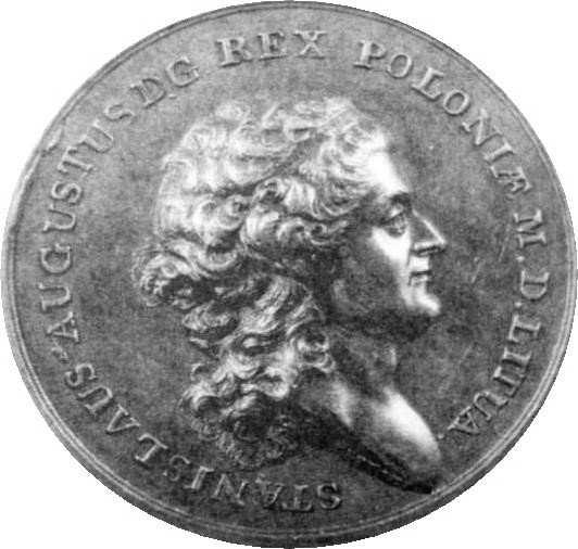 9 Na zakończenie przeglądu XVIII-wiecznych medali z wizerunkiem Stanisława Augusta prezentujemy portrety z trzech medali, sporządzone przez twórców cudzoziemskich. Medal z 1765 roku wybity we Francji.