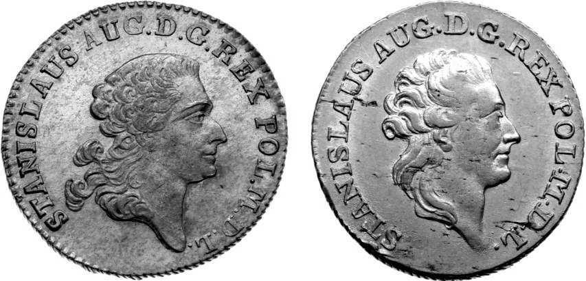27 3) trojaki historyczne z 1767 roku wybijane w mennicy krakowskiej, z napisowym reversem w czterech wersjach, przedstawiają identyczny jak na