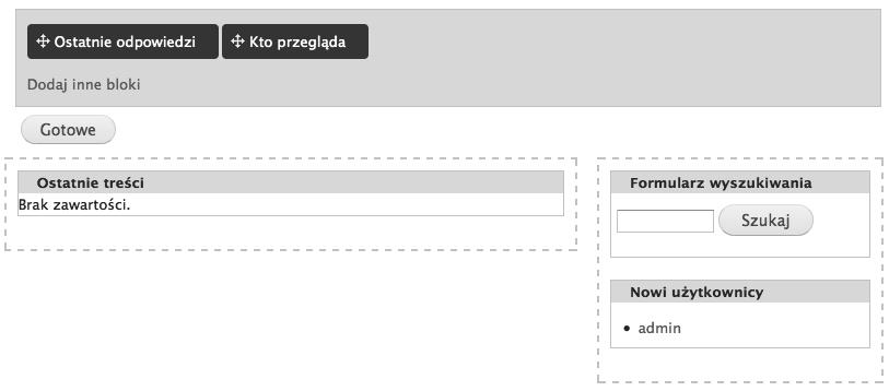 34 Drupal 7 wiczenia praktyczne W tej chwili kokpit zawiera informacje dotycz ce najnowszych tre ci dodanych na stronie oraz list ostatnio utworzonych u ytkowników i formularz wyszukiwania.