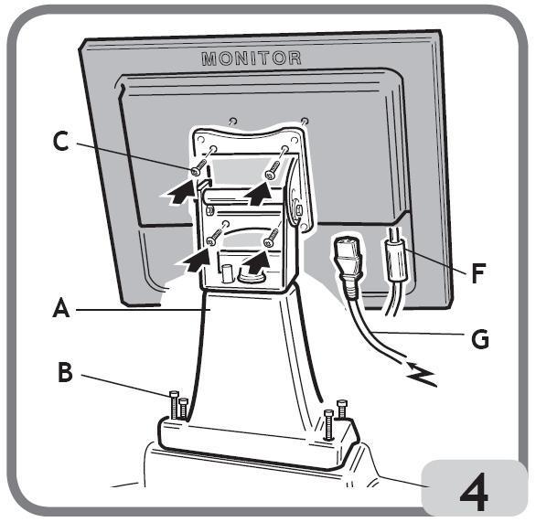 - Zamocuj podporę na podstawie przy pomocy czterech śrub dostarczonych z maszyną (B, rys.4); - Odpakuj monitor i zamontuj go na podporze za pomocą czterech śrub (C, rys.