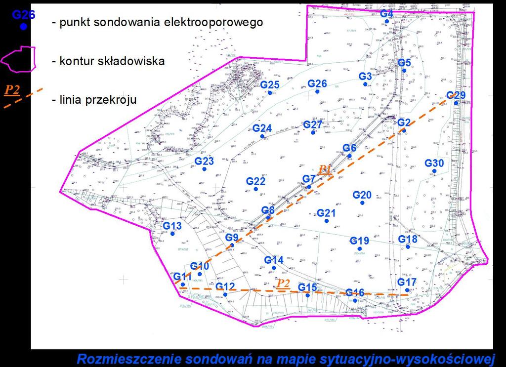 Fig.2 Lokalizacja sondowań na mapie satelitarnej oraz sytuacyjno -wysokościowej W trakcie prac terenowych stwierdzono znaczne wysuszenie przypowierzchniowej warstwy gruntu (rejony silnie