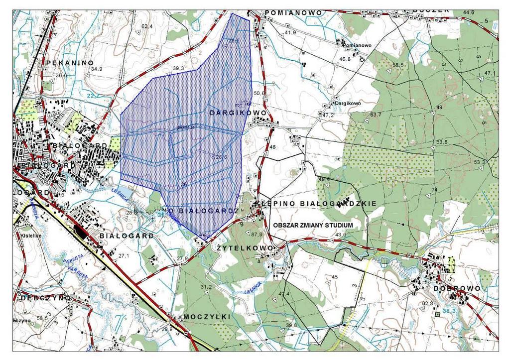 Rys. Usytuowanie obszaru zmiany studium w stosunku do cennych żerowisk ptaków szponiastych po stronie zachodniej drogi Białogard Pomianowo (żerowiska kolor niebieski) Wg założeń inwestora, najbliższa