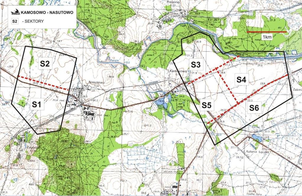 Rysunek 4. Podział terenu na sektory (strefa I i II). Interpretacja wyników Informacje na ten temat zostały zamieszczone na stronach 10-17 raportu z monitoringu.