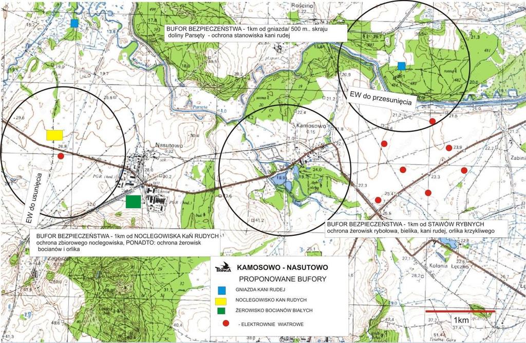 Rysunek 24. Proponowane strefy wolne od elektrowni (około 1km) z uwagi na propozycję zaleceń obniżających negatywne oddziaływanie farmy na ptaki.