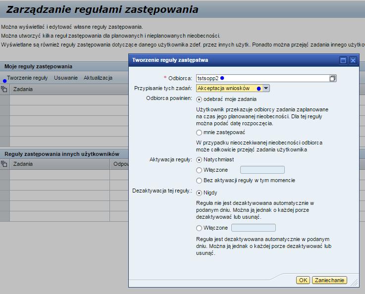 6. Zastępstwa Portal umożliwia przełożonym wyznaczanie zastępców odpowiedzialnych za akceptację wniosków. W tym celu należy aktywować regułę zastępstwa w zakładce Zastępstwa.