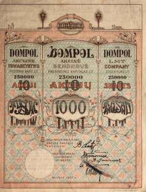 ARS VIA aukcionas 2017 m. gruodžio 7 d. 120. Akcinės bendrovės Dompol akcija su kuponais Kaunas, 1927 m. Spaudinys, 24,3 x 18,6 140 Eur Su bendrovės valdybos pirmininko ir valdybos narių parašais.